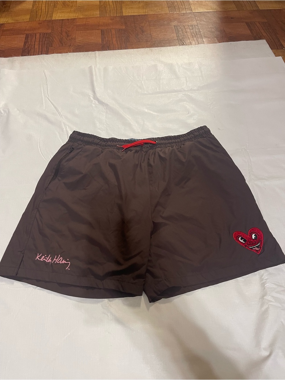 Keith Haring Men’s Brown Athletic Shorts with Red Heart Motif
